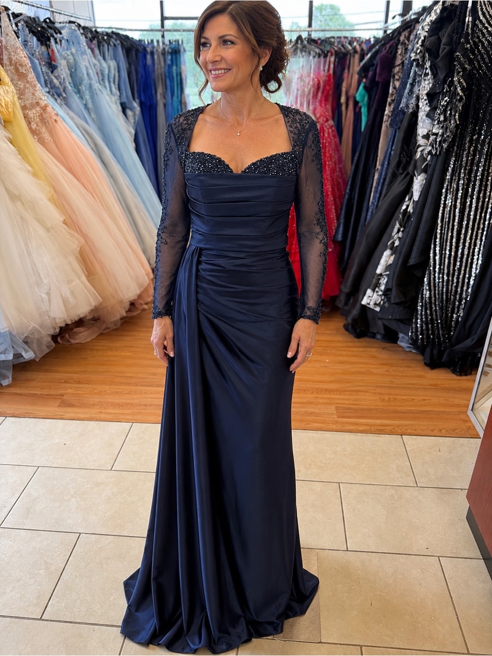 Elegant Navy Tulle Long Sleeve beaded Evening Gown by Nicoletta size 2